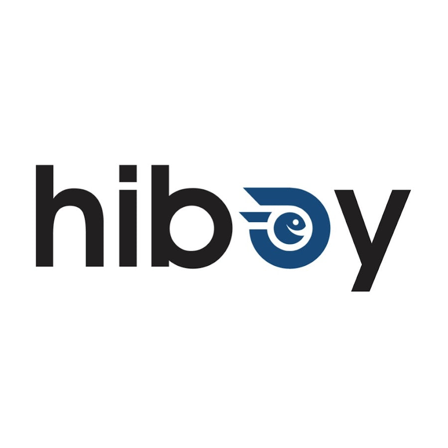 HIBOY logo with bold black text and a blue winged circle emblem replacing the letter o.