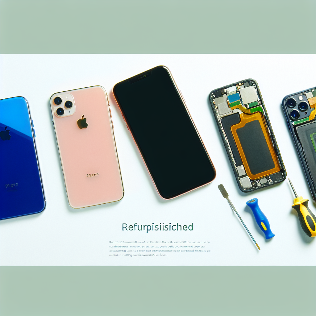 Apple iPhones and Samsung refurbished phones with repair tools on a white workspace.