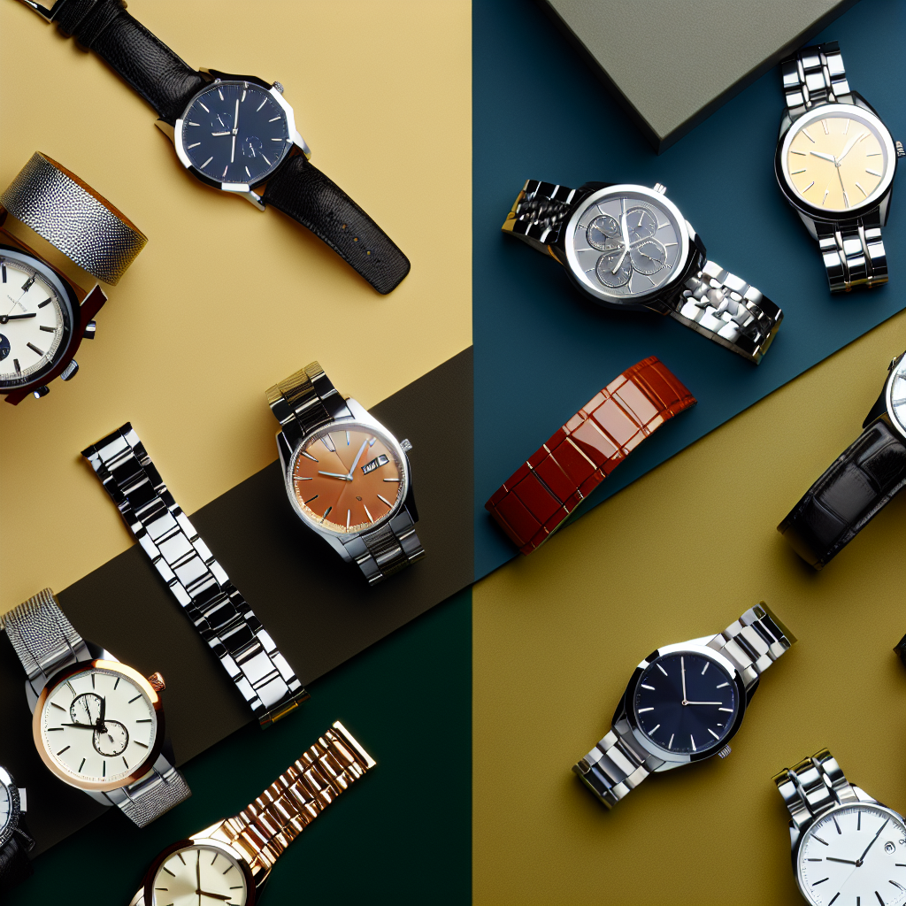 Refurbished watches with metal and leather bands on a color-block backdrop.