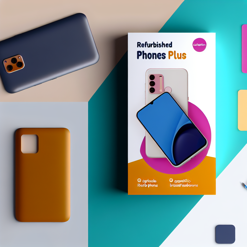 Refurbished Phones Plus box featuring Apple and Samsung smartphones on a colorful backdrop.