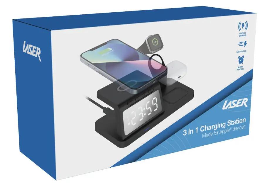 Laser 3-in-1 Wireless Charging Station with Alarm Clock - Black by WIRELESS CHARGING