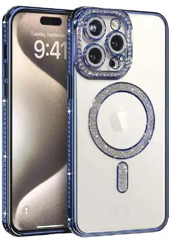 Apple iPhone 14 Plus MagSafe Magnetic Diamond Rhinestone Glitter Crystal Bling Camera Lens Protector Cover (Blue) by BUMPER PHONE CASE