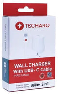 Techano Wall Charger with USB-C Charge/Sync Cable 2.4A 1M by PHONE CHARGERS