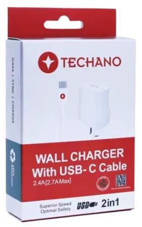 Techano Wall Charger with USB-C Charge/Sync Cable 2.4A 1M by PHONE CHARGERS