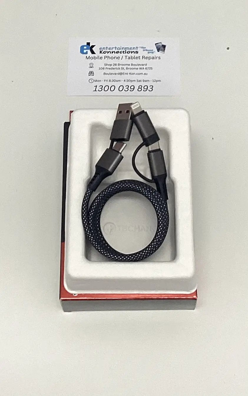 Techano Plus 4-in-1 USB-C & USB-A to USB-C & Lightning Braided 5A Multiuse Cable 1M by PHONE CABLES