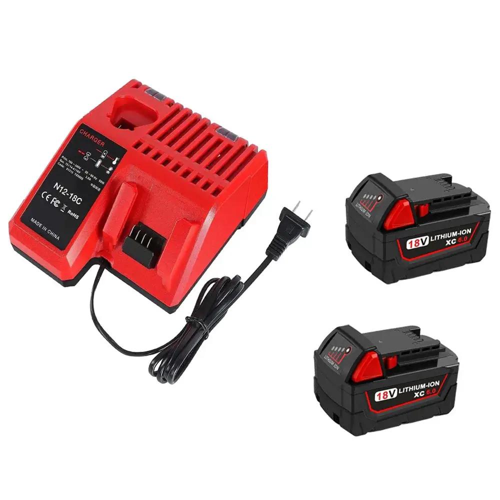 2 Pack For Milwaukee 18V M18 5.5Ah Li-ion Battery Replacement & For Milwaukee 12V-18V Lithium Battery Charger (97726702331)