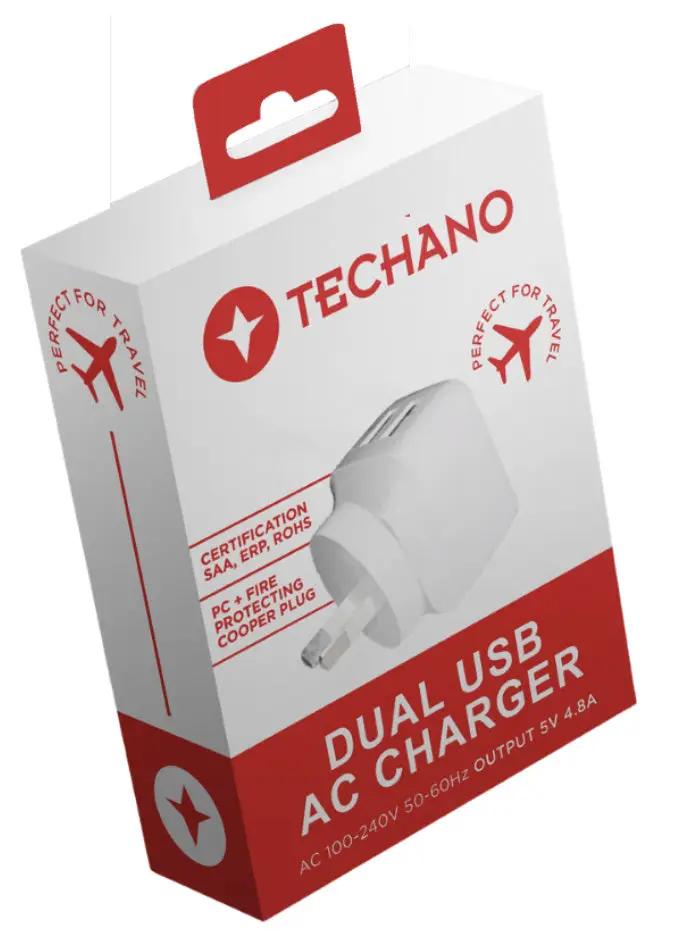 (EOL) Techano Dual USB-A Port AC Charger 4.8A by PHONE CHARGERS