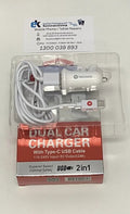 (EOL) Techano Dual USB-A Ports Car Charger with USB-C Charge/Sync Cable 2.4A 1M by PHONE CABLES