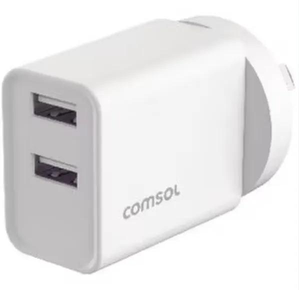 Comsol 12W 2 Port USB-A Wall Charger - White by PHONE CHARGERS