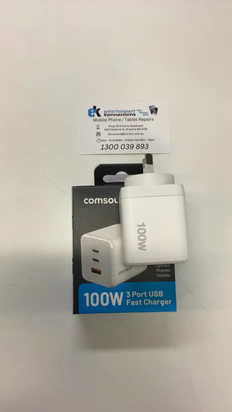 Comsol 100W USB-A & USB-C 3 Port USB Fast Charger GaN Wall Charger - White by PHONE CHARGERS
