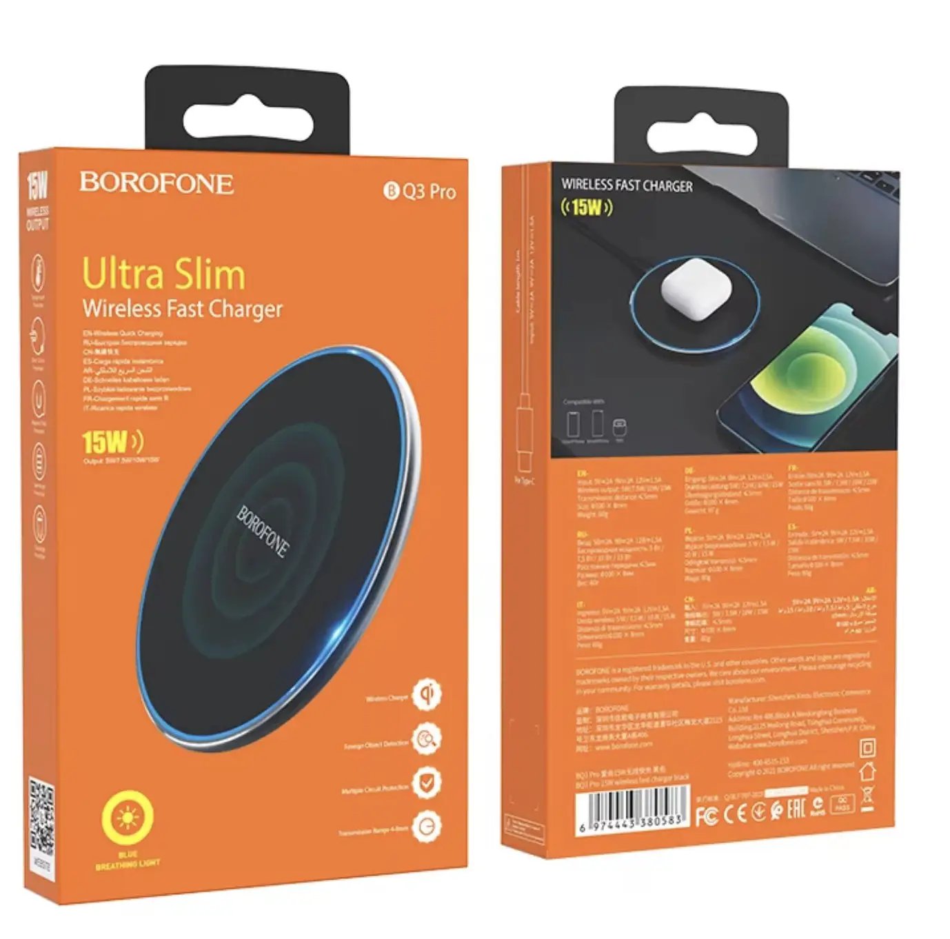 BOROFONE BQ3 Pro 15W Qi Ultra Slim Wireless Fast Charger Charging Pad - Black by WIRELESS CHARGING