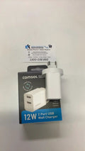 Comsol 12W 2 Port USB-A Wall Charger - White by PHONE CHARGERS