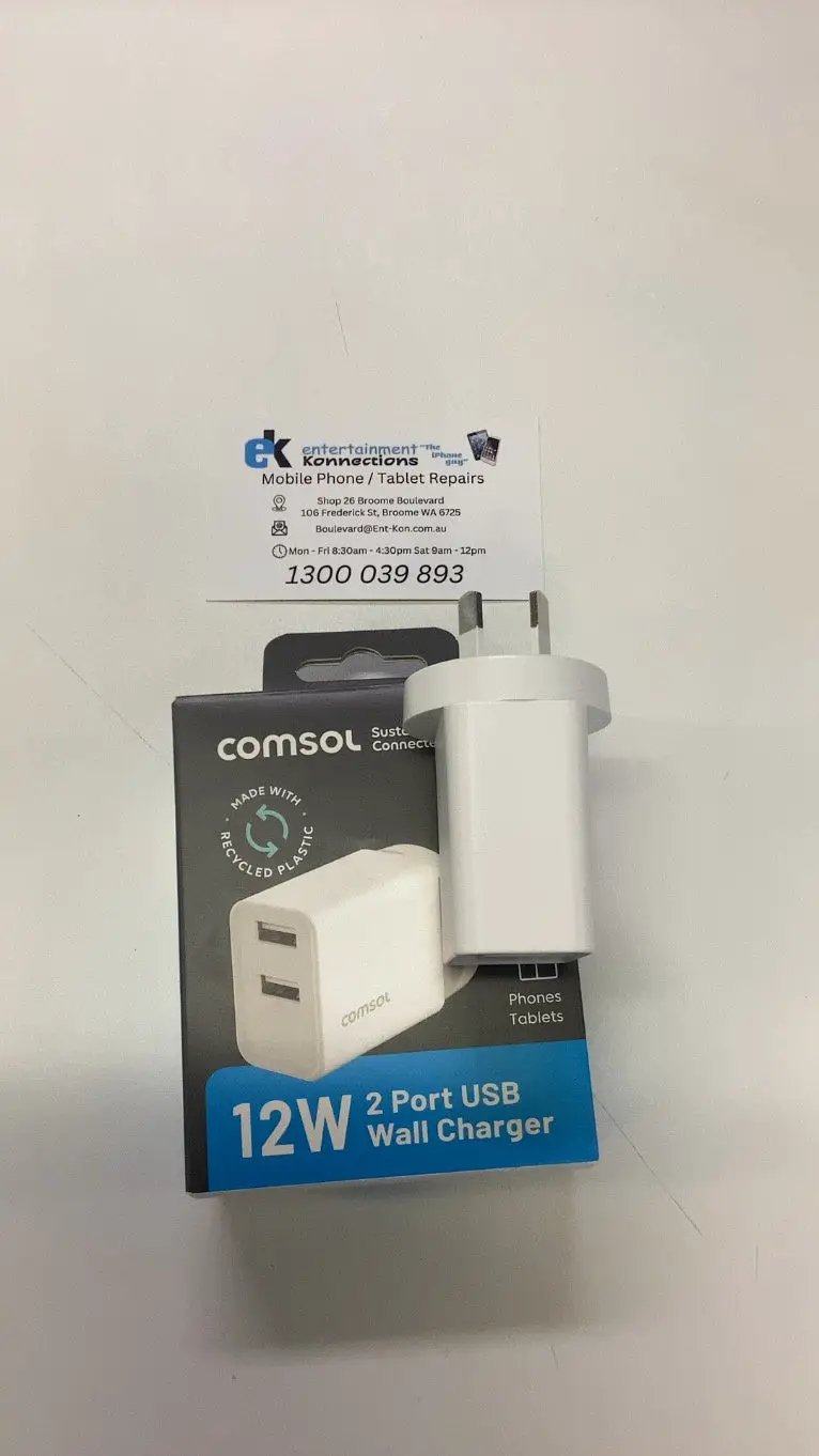 Comsol 12W 2 Port USB-A Wall Charger - White by PHONE CHARGERS