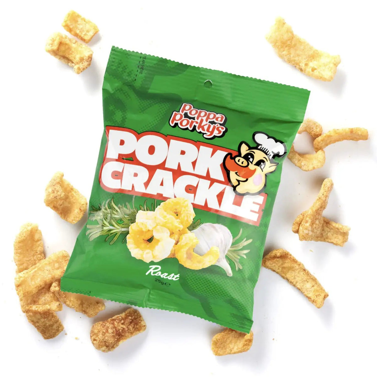POPPA PORKY'S Pork Crackle Roast 25g Bag by Vending Machine Stock
