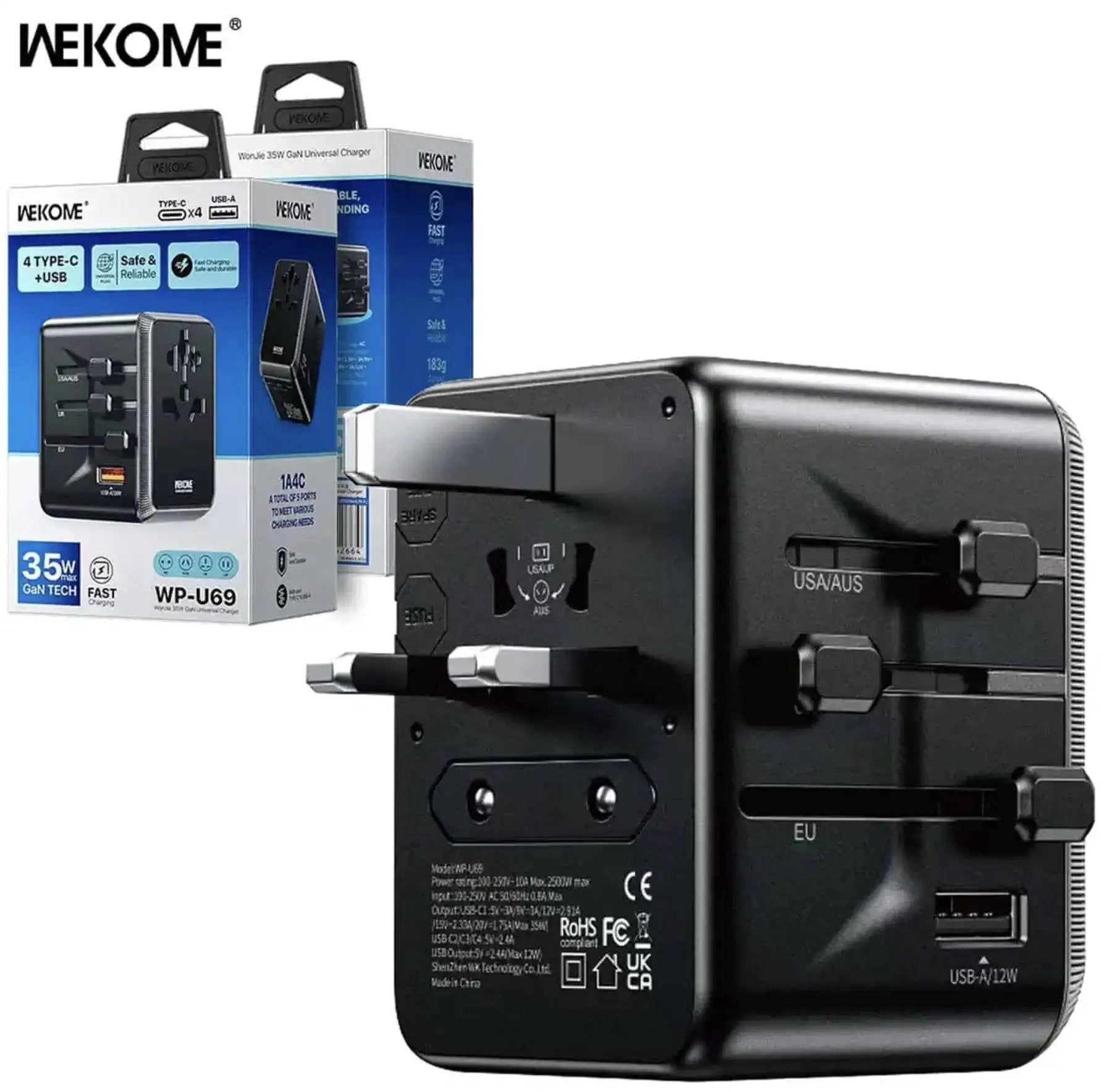 WEKOME WP-U69 35W GaN EU/UK/US/AUS/JP USB A & USB Type C Universal Conversion Fast Charging Charger Power Travel Adapter (Black) by PHONE CHARGERS