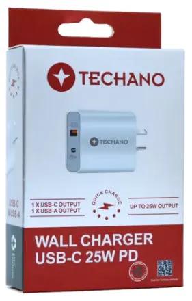 Techano Wall Charger USB-C & USB-A Dual PORT 25W PD by PHONE CHARGERS
