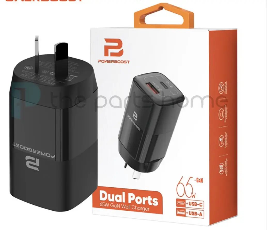PowerBoost 65w Dual Port USB-A to USB-C Black by PHONE CHARGERS