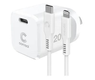 Comsol iPhone USB-C Wall Fast Charger & 1.2m USB-C to Lightning Cable Combo Pack 20W - White by PHONE CHARGERS