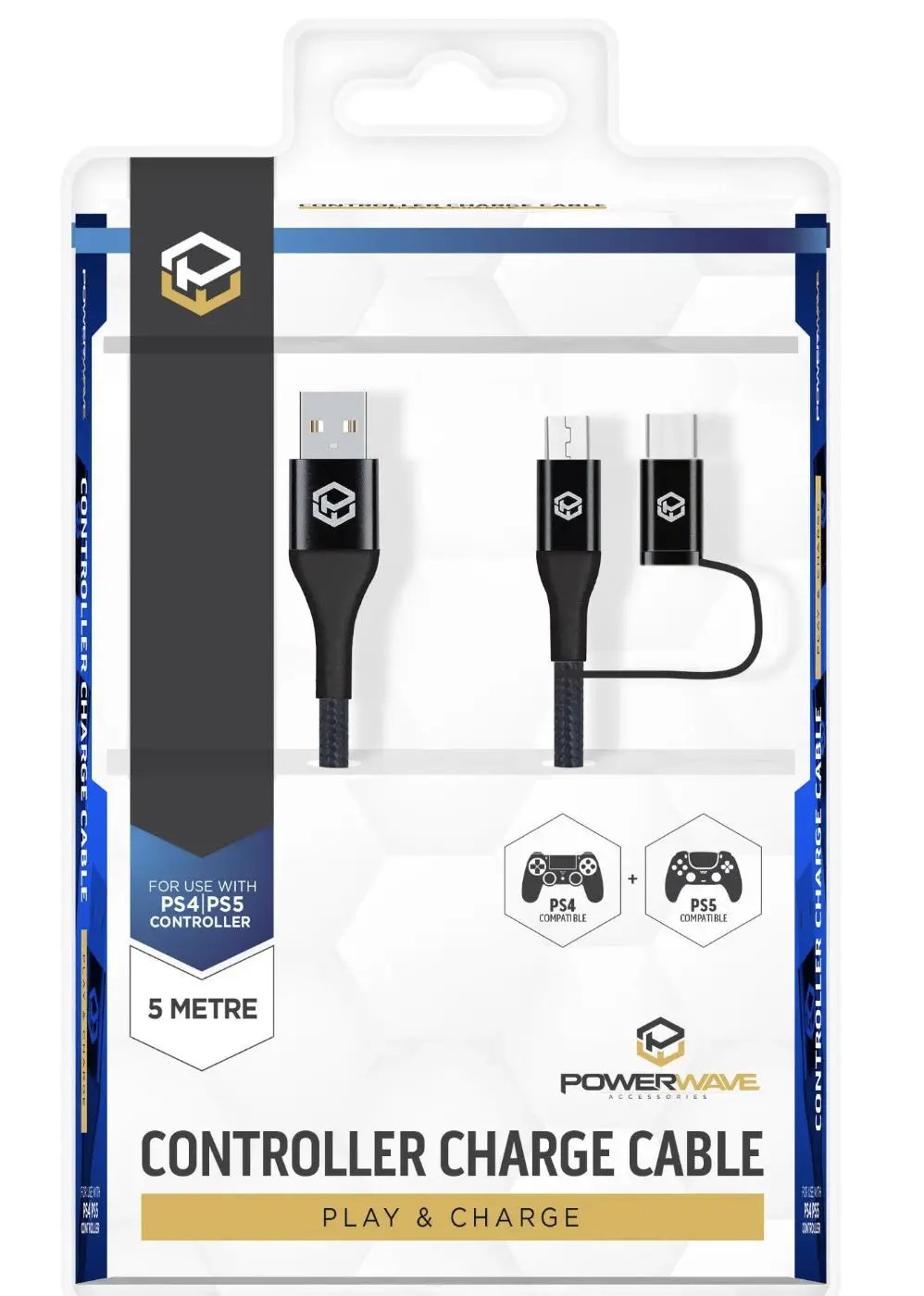 Powerwave PS4 and PS5 5m Controller Charge Cable Micro-USB & Type-C by Accessories