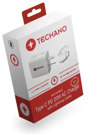 Techano 20W PD AC Charger with USB-C to Lightning Cable 1M by PHONE CHARGERS