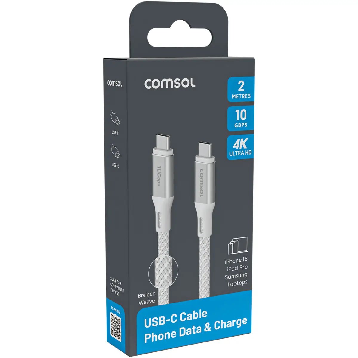 2m 10Gbps USB-C to USB-C Cable White by PHONE CABLES