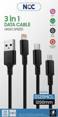 NCC D120MCL USB-A to Micro/Type C/Lightning Charging Data Cable 1.2m, 3A, Woven – Black by PHONE CABLES