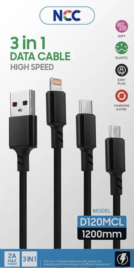 NCC D120MCL USB-A to Micro/Type C/Lightning Charging Data Cable 1.2m, 3A, Woven – Black by PHONE CABLES