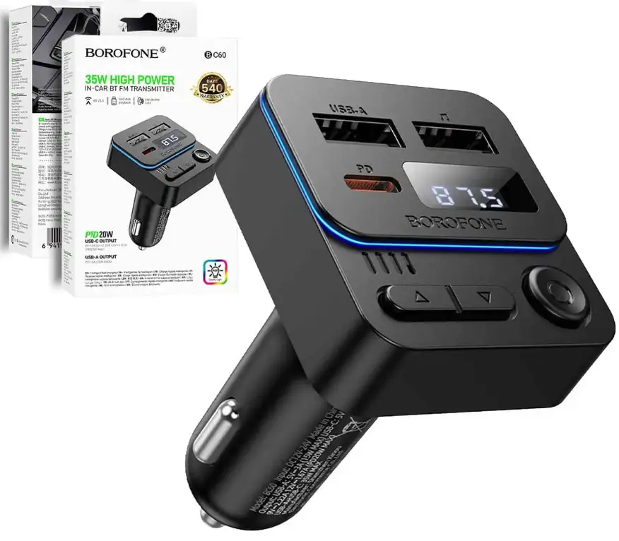 Borofone BC60 BT 5.4 35W PD20W USB Type-C Fast Car Charger Wireless Bluetooth FM Transmitter by AUDIO ADAPTERS