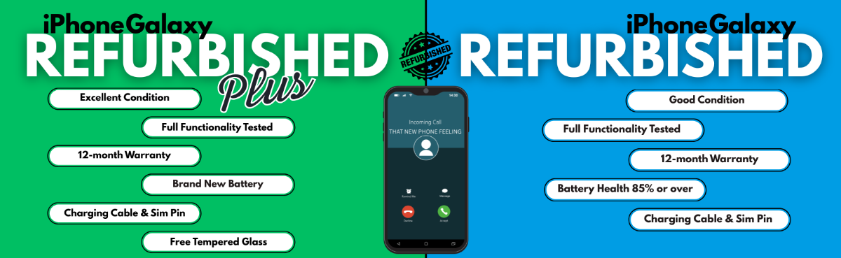 Advertisement for refurbished phones from iPhone and Galaxy with features listed on a green and blue background.